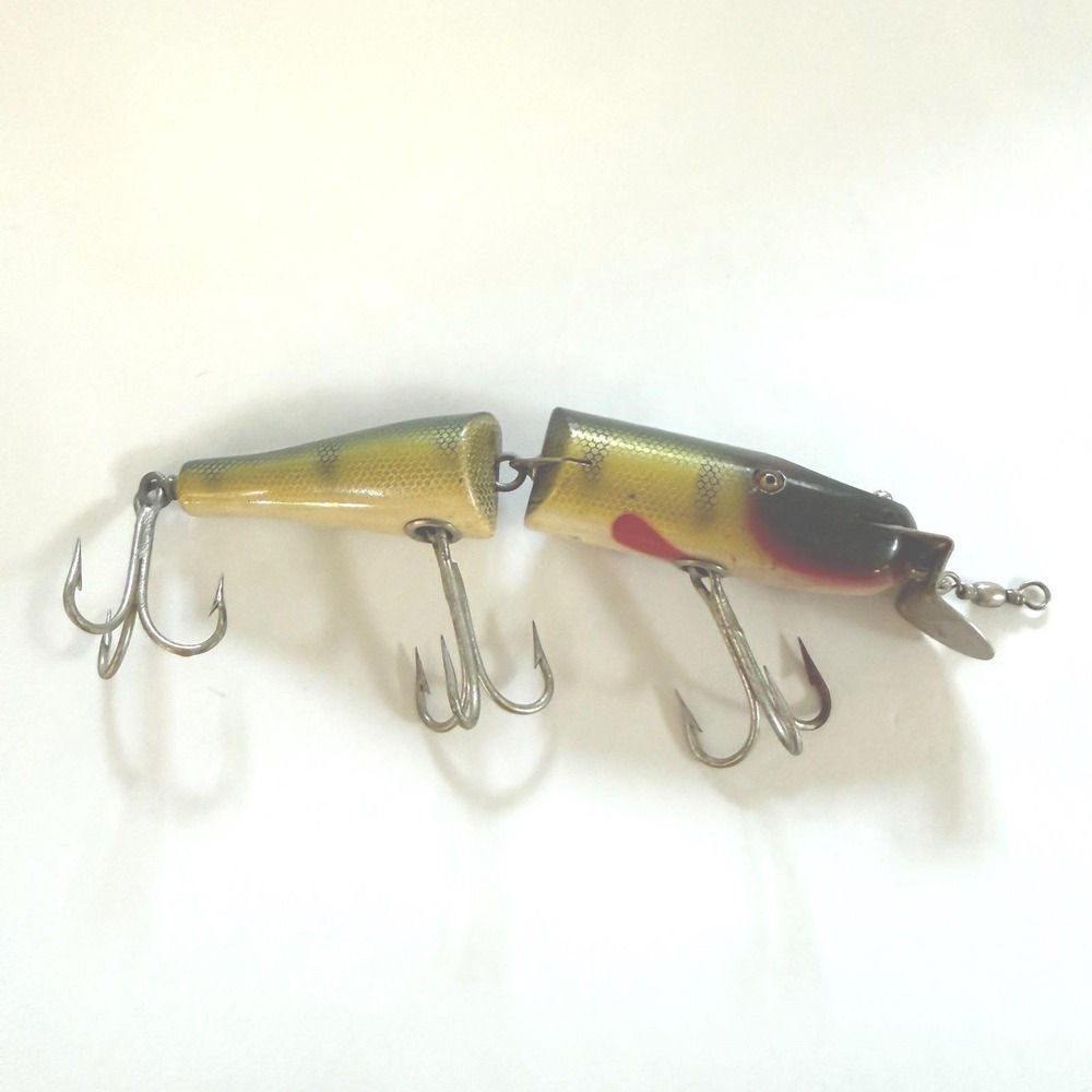 Vintage Jointed Wooden Fishing Lure Pikie 2 Piece‎ Glass Eye Crankbait 6in